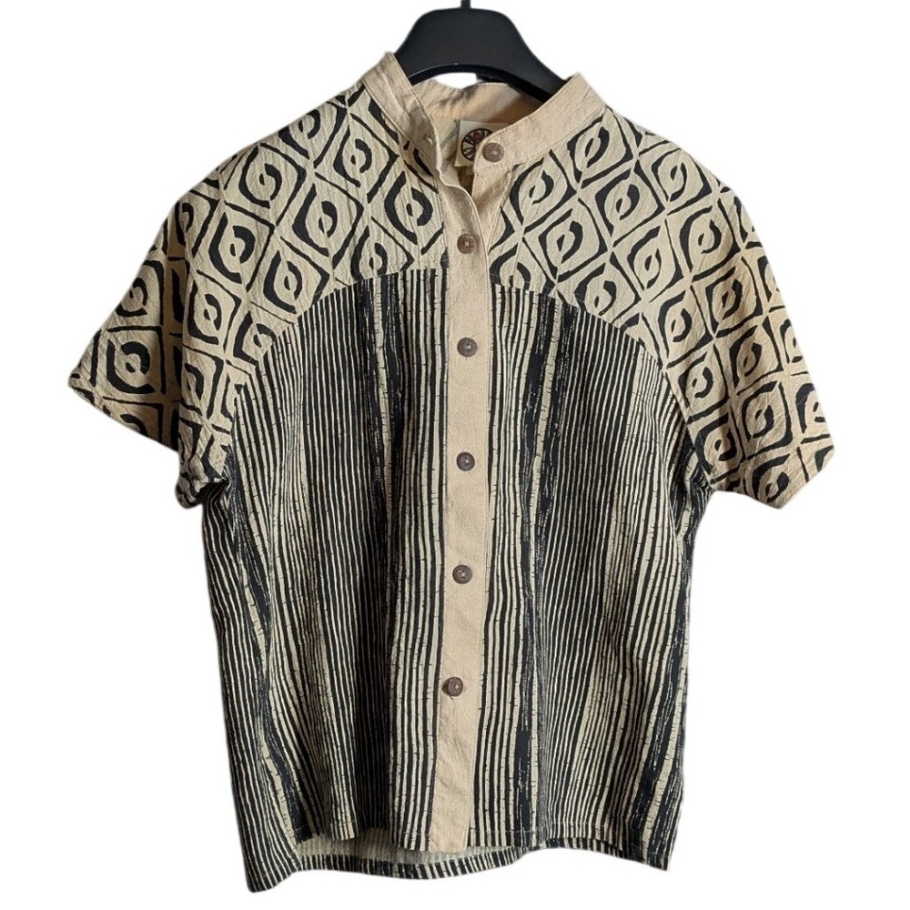Vintage 90s Artisan Shirt Medium Geometric Tribal Cotton Artsy Boho Button Up